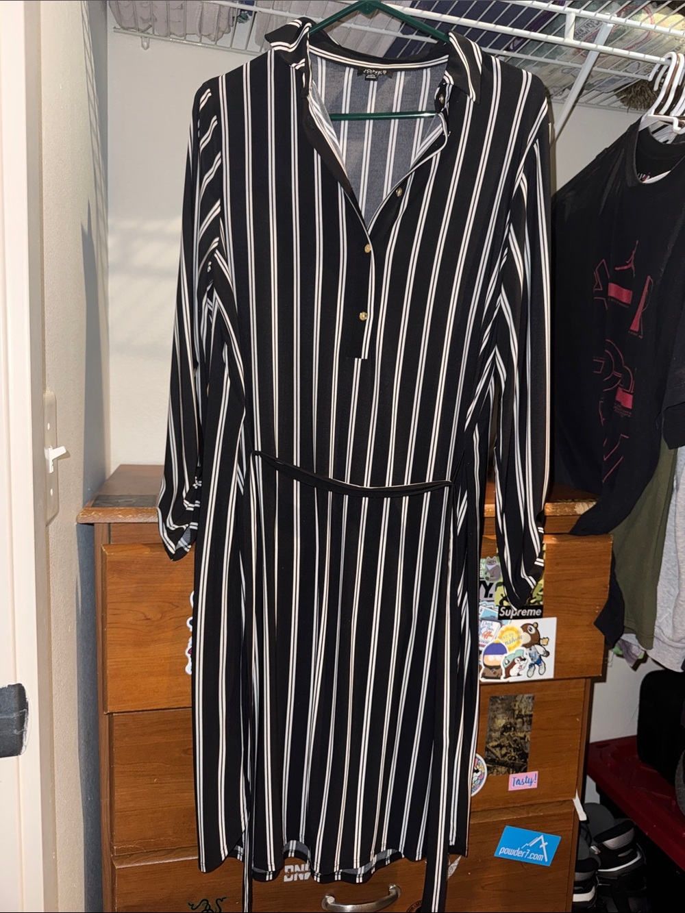 Jones New York Black and White Vertical Stripe Long Sleeve Shirt Dress